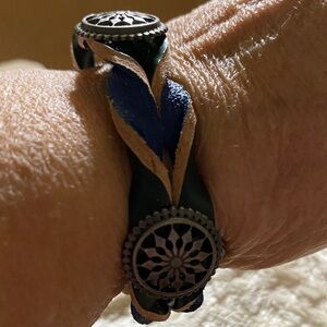 Blue and Green Braided  Leather Bracelet with Silver Accents. Three snaps sizing